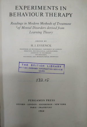 Experiments in Behaviour Therapy H. J. Eysenck Medical Books | المعرض المصري للكتاب EGBookfair