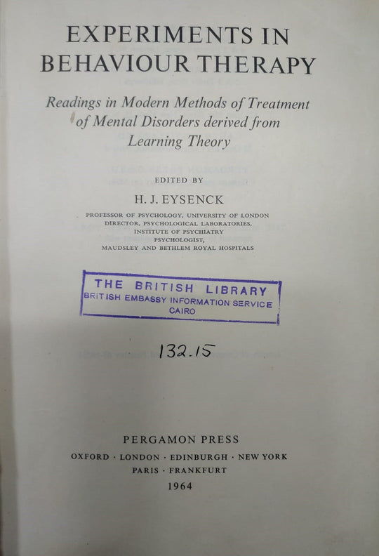 Experiments in Behaviour Therapy H. J. Eysenck Medical Books | المعرض المصري للكتاب EGBookfair